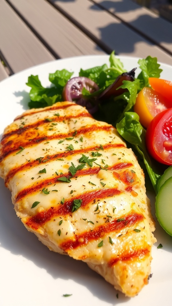 Juicy Grilled Chicken Recipe Grilled chicken breast on a plate with salad, garnished with herbs in a sunny outdoor setting.